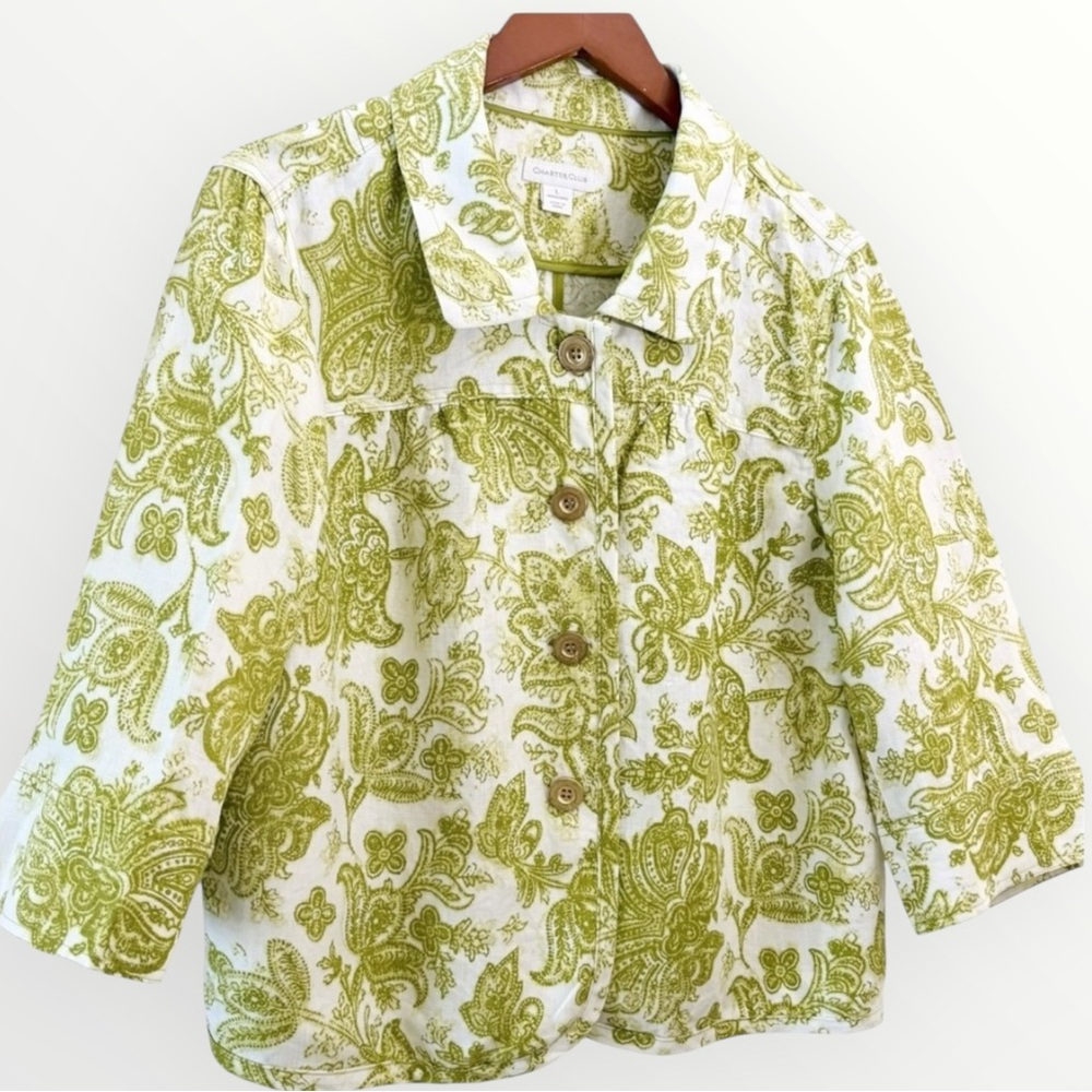 CHARTER CLUB Linen Paisley Jacket | Chartreuse Green | Size Large